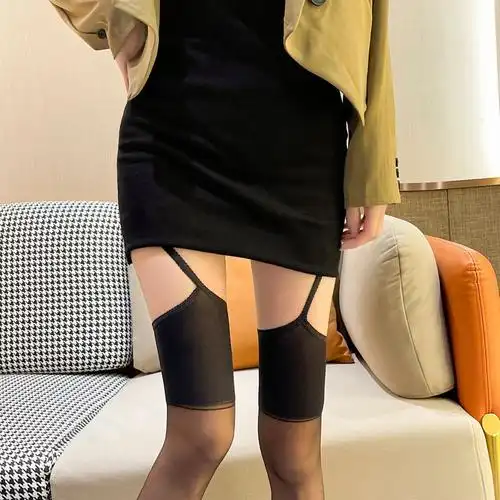 四面开裆黑丝蕾丝腰吊带丝袜薄透光板诱惑性感免脱镂空连裤丝袜女