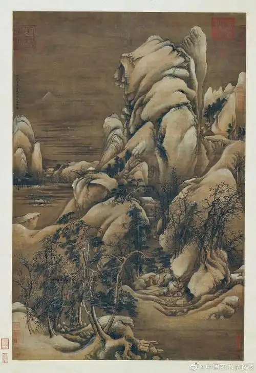山水画#【 北宋 许道宁 《关山密雪》 】立轴,绢本设色,121.3×81.