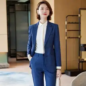 藏蓝色西装外套女秋冬高端气质蓝格西服套装女神范经理总裁工作服