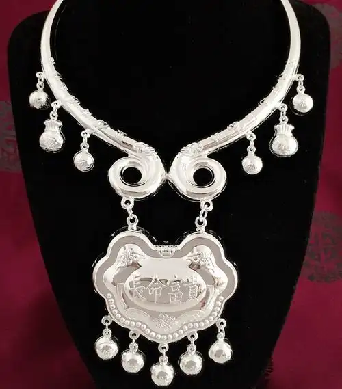 snqp_s银项圈银锁男女宝宝婴儿复古长命锁满月周岁银礼 53克活泼可爱