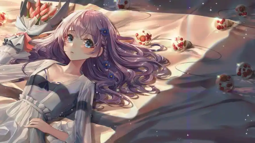 床上可爱女孩 长头发 鲜花 4k动漫壁纸3840x2160_4k动漫图片高清壁纸_