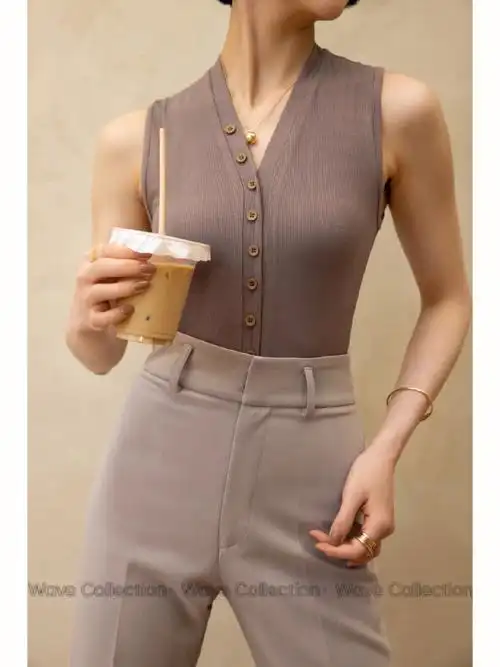 成人v领螺纹扣子上衣