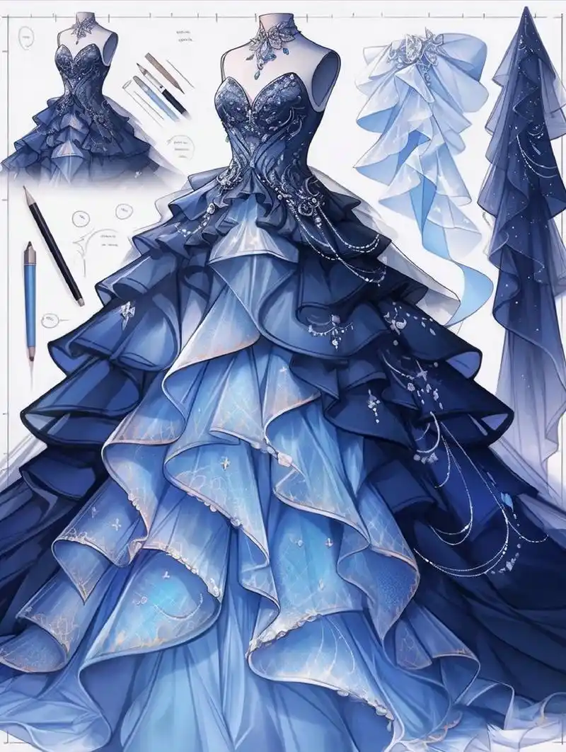 蓝色礼服,极限四选一 #夏日滤镜# #服装设计手绘# #奇迹暖暖# #服装