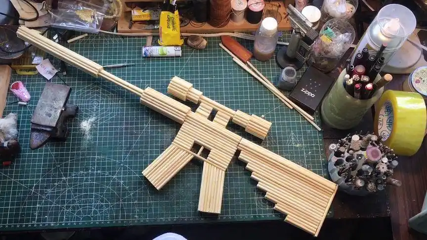 幼儿园老师让用一次性筷子做的手工作业,狙击步枪#中秋 #六一