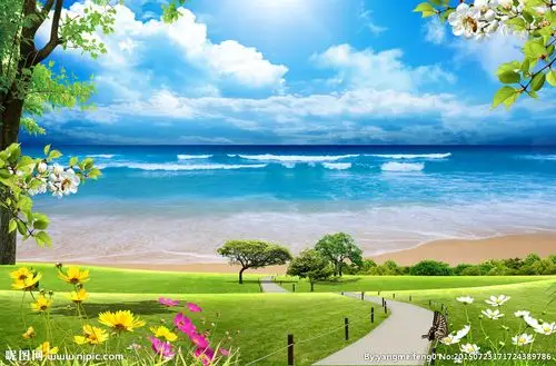 大海蓝天白云绿色背景图图片