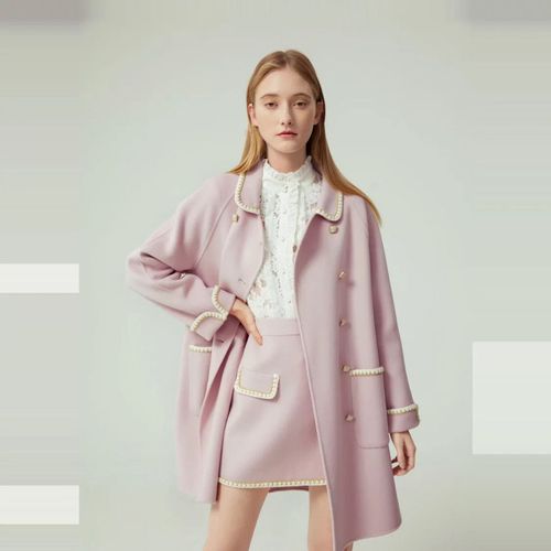 2020冬装新款女装时尚气质翻领甜美粉色毛呢大衣外套半身裙套装