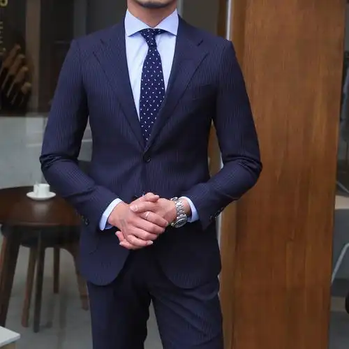 三先生男士通勤藏蓝条纹西服高级轻奢修身百搭西服套装