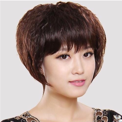 恒发假发 真发中老年妈妈假发女蓬松bobo头短卷发型 玉米烫斜刘海
