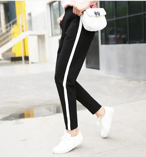 秋冬韩版宽松bf风白边条纹九分休闲裤女运动裤学生哈伦小脚长裤优惠券