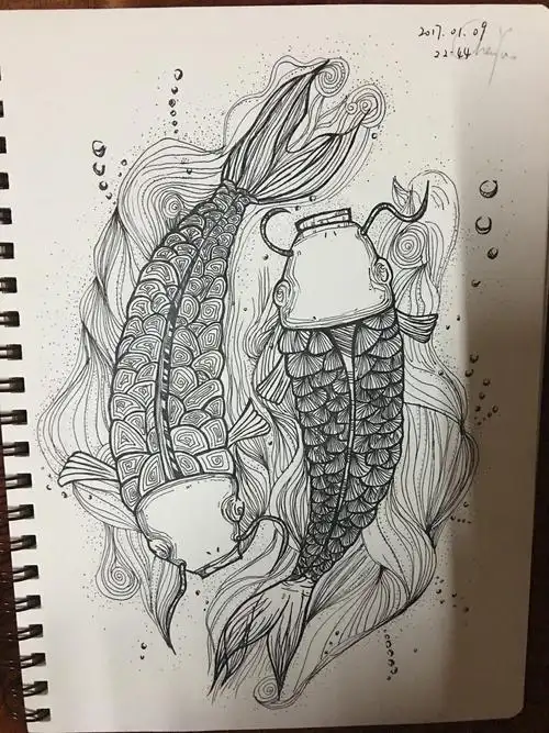 纯手绘锦鲤 年年有鱼 黑白画(临摹 改版)