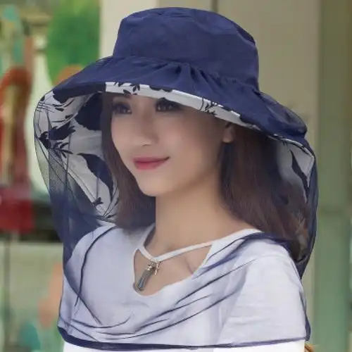 面纱帽太阳帽情侣晒帽遮脸护脖蚊虫可拆卸户外柳絮 网纱款 绿色 m(56