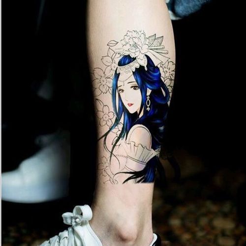 蓝色美女艺妓貂蝉手臂性感个性刺青 花旦胳膊纹身贴纸 半臂纹身贴