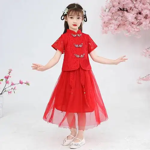 科君汉服夏季裙子仙女连衣套裙中国风古装春夏公主裙小女孩裙 大红色