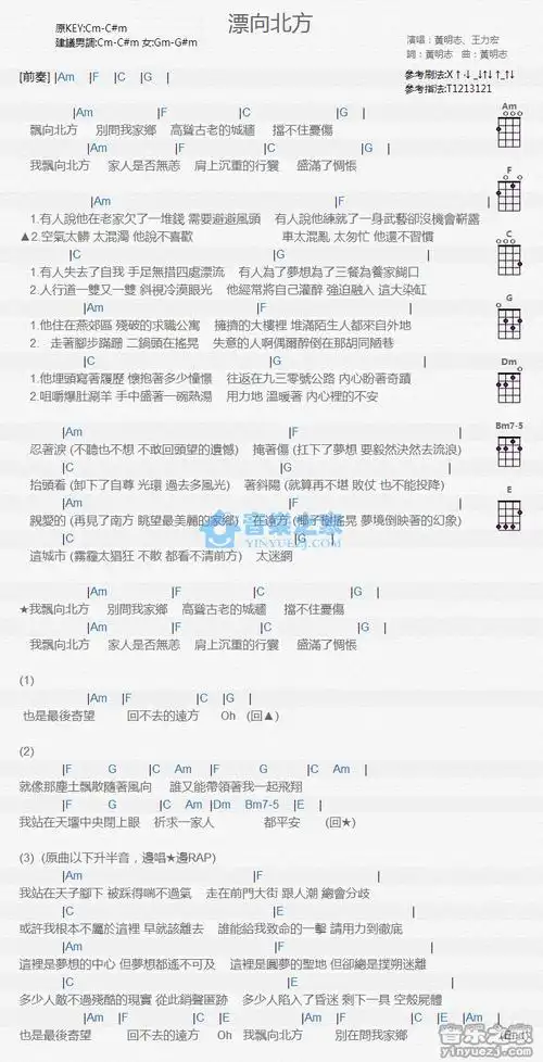 黄明志/王力宏《飘向北方》尤克里里弹唱谱_吉他谱_简谱_尤克里里