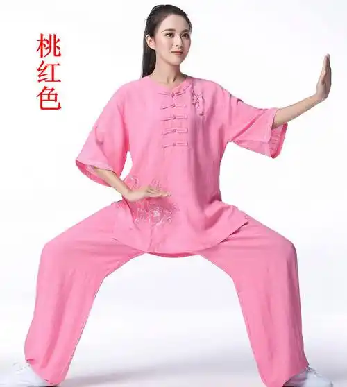 低领短袖太极服女绣花夏季亚麻棉麻练功服中袖太极拳服装薄款特价