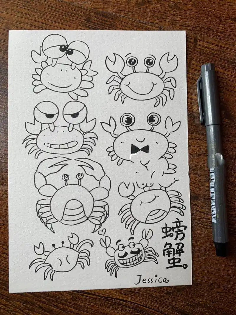 螃蟹主题手帐手绘简笔画素材黑白线稿上色图 小螃蟹也可以可可爱爱