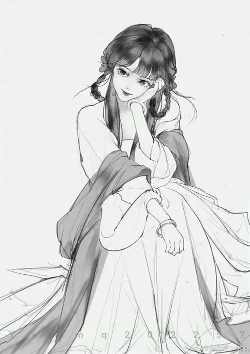 画师 鱼明清yeimq的绝美古风少女线稿~#画师推荐##古风插画