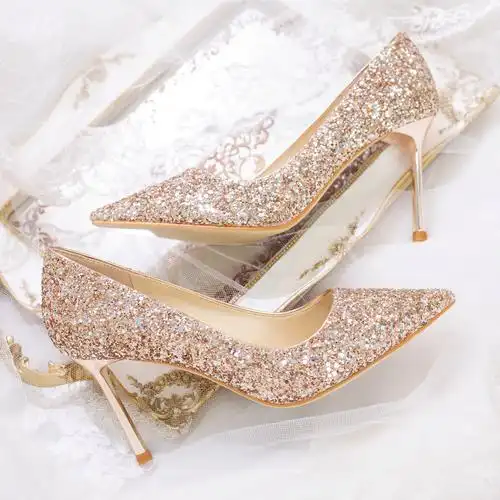 婚鞋女2020新款新娘婚纱鞋结婚水晶鞋亮片高跟鞋细跟伴娘礼服鞋子