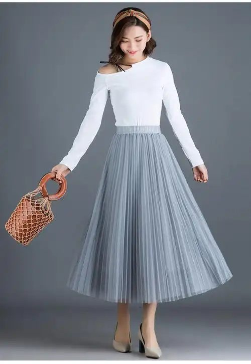 领栖 夏天穿的雷丝网纱纱裙网纱半身裙女夏中长款纱裙垂感百褶a字裙