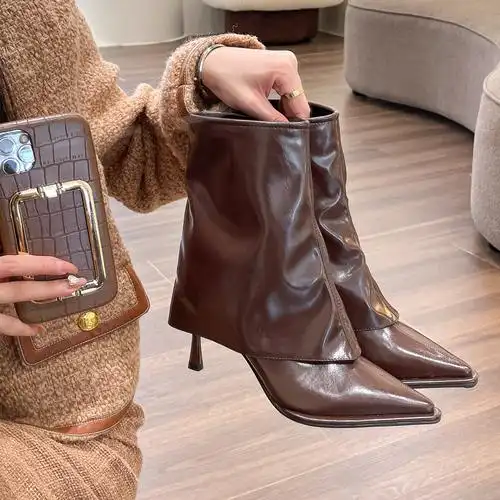 骑士漆皮靴裤管靴尖头高筒细高跟长筒长靴子女不过膝秋冬