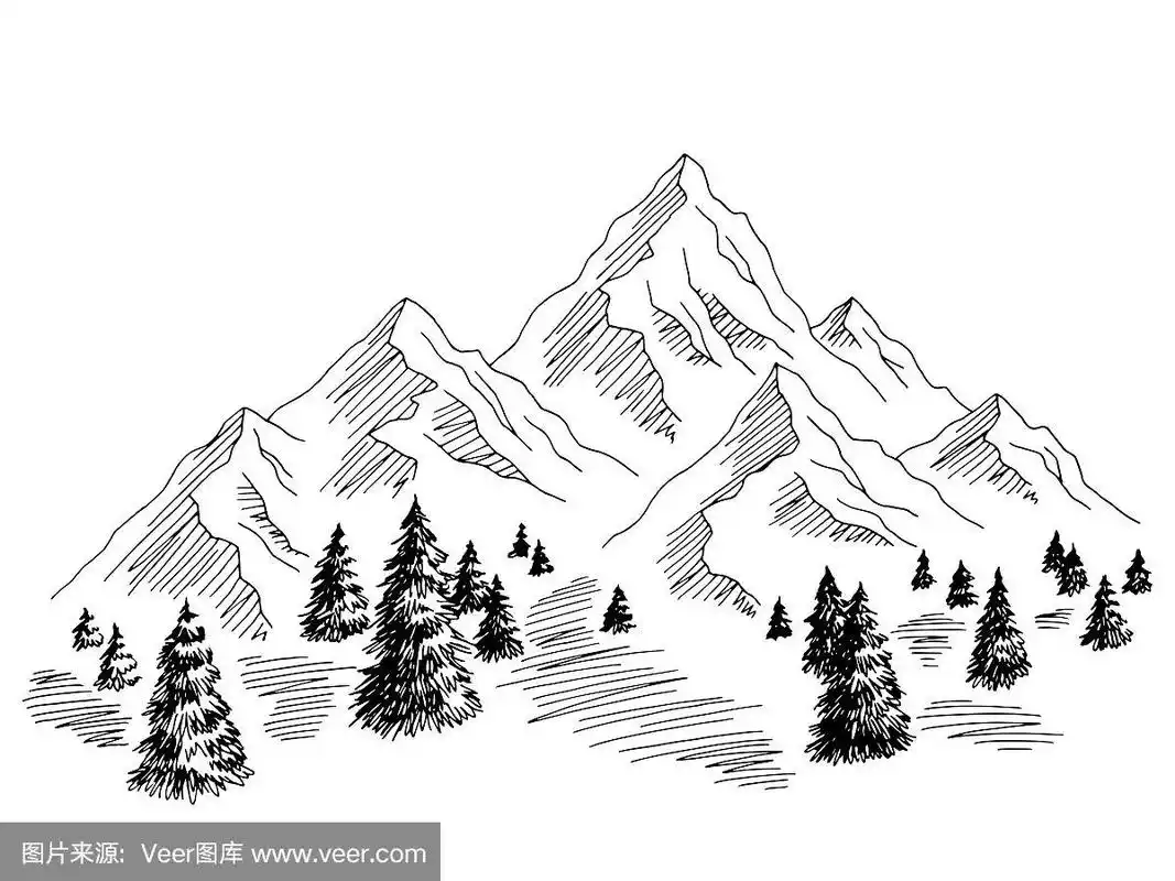 山丘陵图形黑白景观素描插图矢量