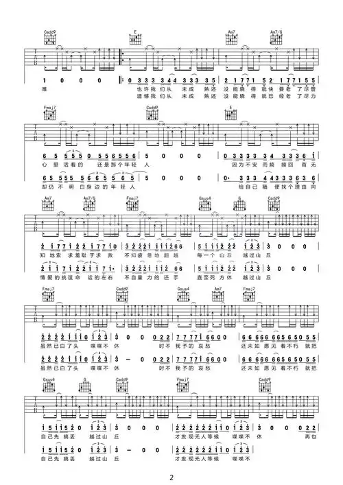 山丘吉他谱李宗盛c调吉他图片谱2张