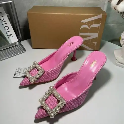 za新款粉色尖头高跟鞋女水砖方扣珍珠装饰露跟穆勒鞋后空凉鞋女