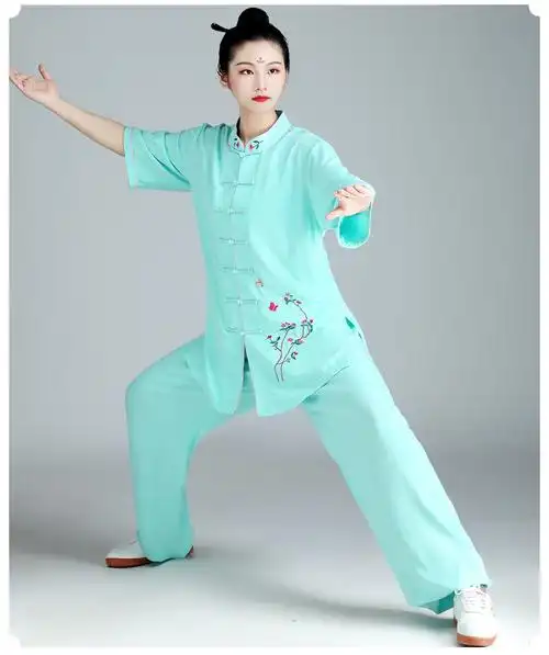 山人运动南韩丝夏天新款太极服女棉麻中短袖夏季武术表演服高端太极拳