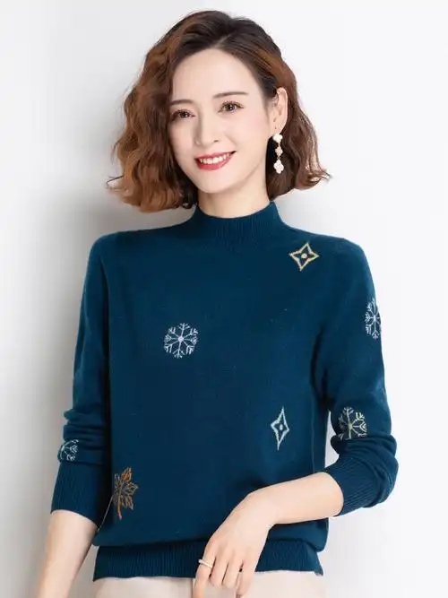 中年妈妈羊毛衫女100纯羊毛衣冬装新款短款洋气内搭宽松打底衫厚