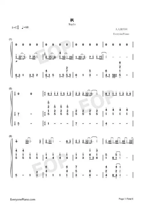 枫-周杰伦双手简谱预览1-钢琴谱文件(五线谱,双手简谱,数字谱,midi