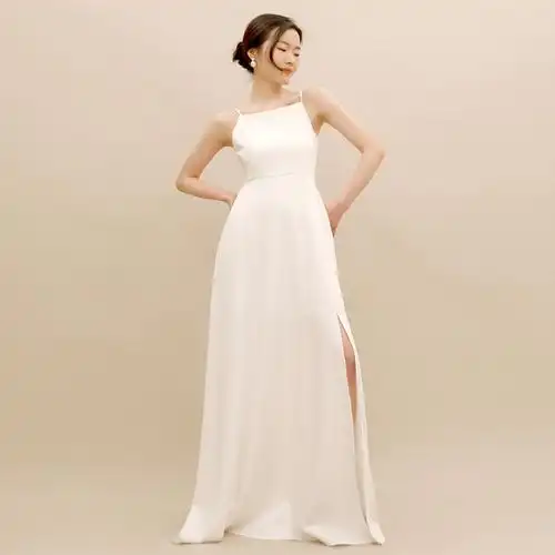 tansshop简约系礼服裙2022新款微光泽垂感白色露背吊带开叉长裙连