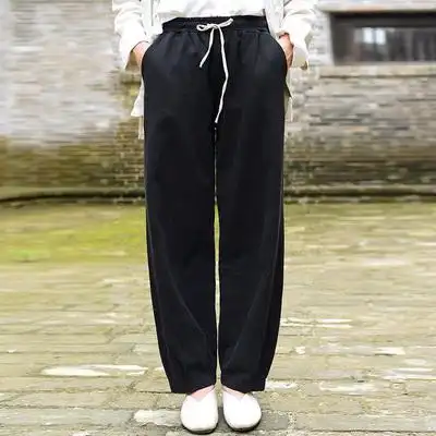 亚麻系带女式太极裤棉麻复古太极拳服装练功武术裤灯笼裤