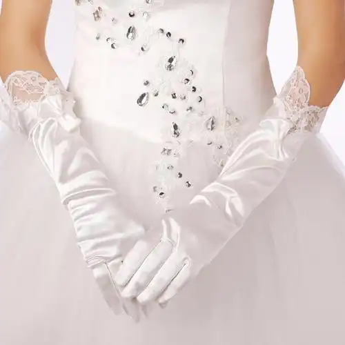 长款白色缎面蝴蝶结蕾丝新娘手套婚纱手套韩式全指结婚礼服配饰