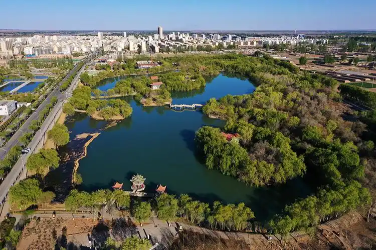 航拍|甘肃高台月牙湖公园湖面如镜春意浓