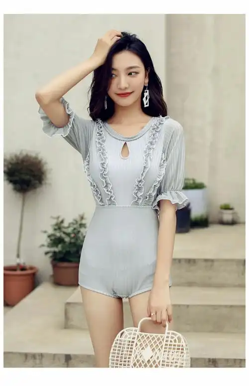 韩国ins风泳衣女2019新款网红款复古遮肉连体性感遮肚显瘦游泳衣_天天