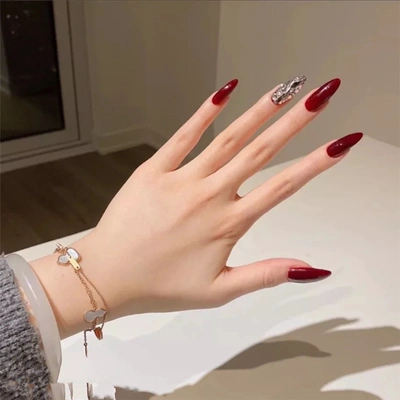 抖音可拆卸穿戴甲欧美长圆酒红钻新娘光疗美甲成品假指甲贴片