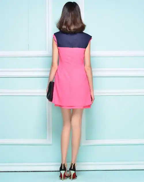 藏蓝玫粉色拼接时尚盖肩袖连衣裙