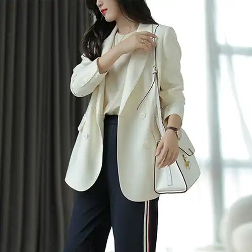 高级设计感职场外套奢华品质米白色岛精西服女精纺羊毛小西装