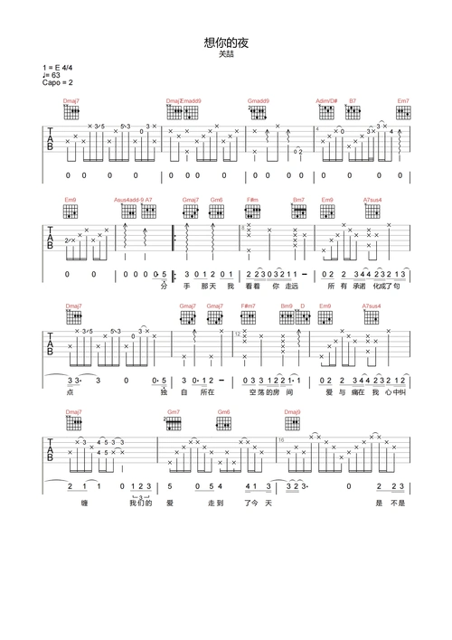 关喆《想你的夜》吉他谱-d调高清原版弹唱谱