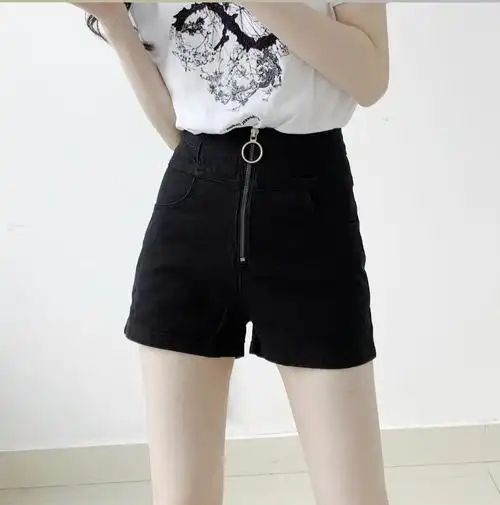 迷玛格格家2021年夏季黑色拉链牛仔裤短裤高腰超热裤直筒裤显瘦潮