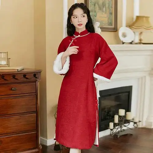 秋冬过年旗袍红色冬款长袖加绒加厚年轻款少女新娘小袄唐装中国风