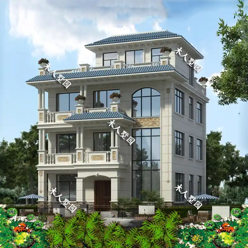 三层半平顶别墅设计,总高16米,也就刚好与邻居平齐