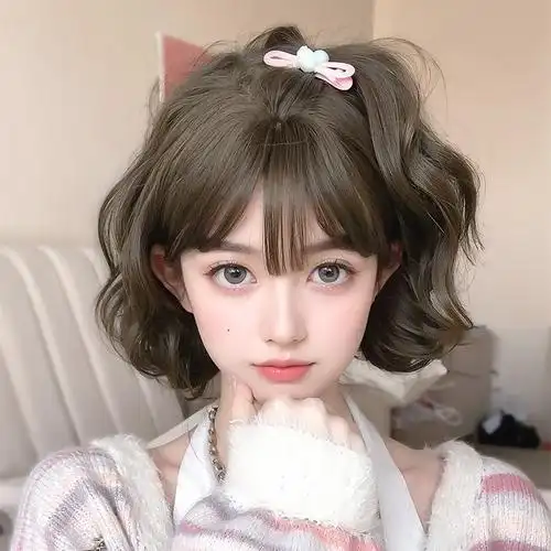 假发女冷棕色短发新款甜美短卷发羊毛卷圆脸流行发型全头套-阿里巴巴