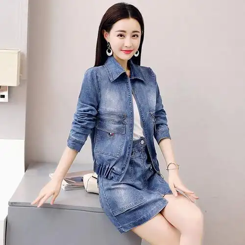 女士春季春秋季新品牛仔两件套女修身短款长袖外套百搭牛仔套装裙视频