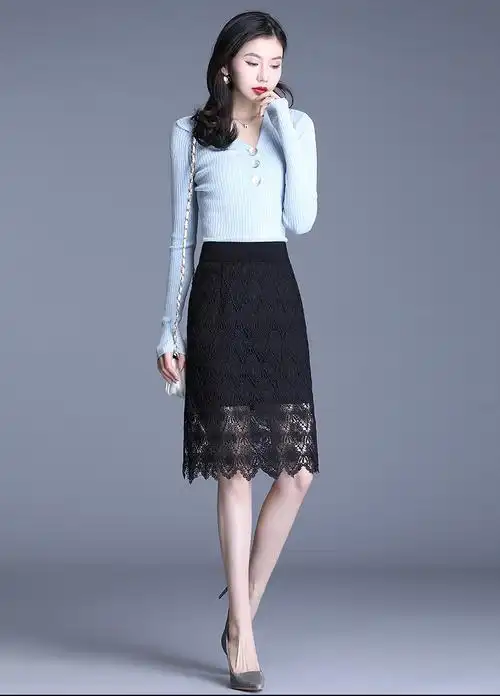 高腰修身中裙蕾丝裙半身裙2020秋冬新款包臀裙一步裙显瘦镂空女裙