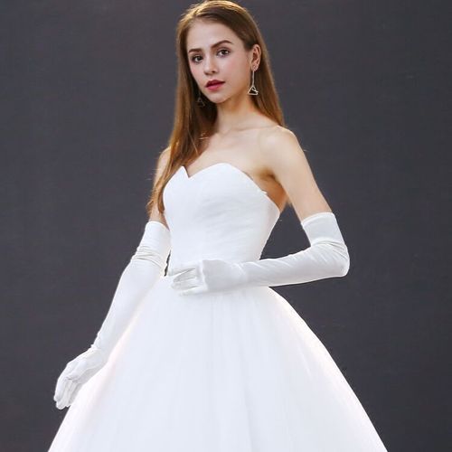 手套秋冬新款缎面长款白色新娘素面全指婚纱婚纱手套