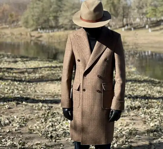 全羊毛粗花呢马球大衣男英式羊毛马球大衣绅士长款大衣 驼色人字格 48