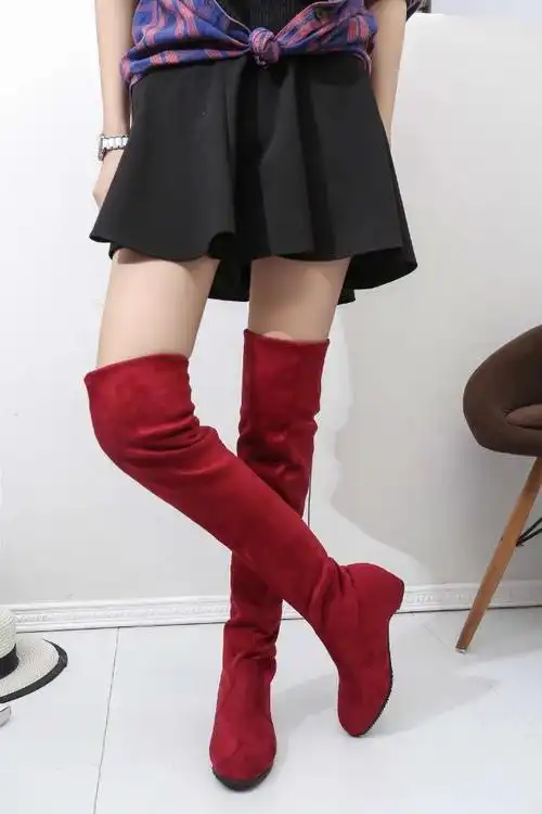 2016秋冬款女红色粗跟过膝长靴低跟磨砂