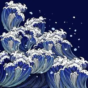 原创浮世绘蓝色浪花