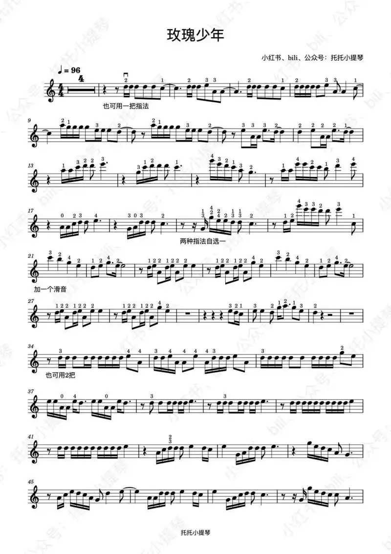 玫瑰少年 小提琴谱 指法 弓法 玫瑰少年的小提琴谱标过了指法和部分弓